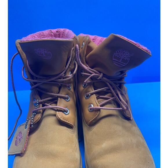 TIMBERLAND Women's sz 10 M Boots Shoes Tan Leather with Pink Lined Fold Over - Picture 6 of 10